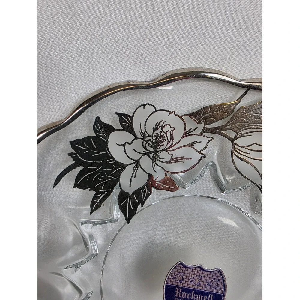 Rockwell Sterling‎ Silver Non-Tarnish 8 Inch Glass Plate Floral Design Handles